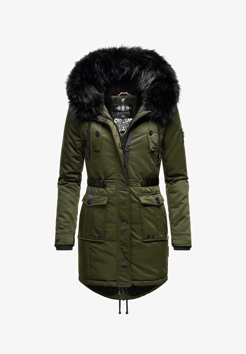 Oliivroheline parka jakk musta kunstkarvaga kapuutsiga, reguleeritava vöökohtadega, mitme taskuga ja tõmblukuga esiosa. Polsterdatud sisemus mustriga detailiga.