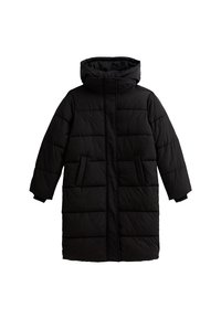 Svart vadderad jacka med huva, med en framzip, två sidofickor och en quiltad textur, som sträcker sig till mitten av låret.