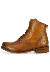 Brown leather ankle boot with a rounded toe, lace-up front, side zipper, and a low wooden heel. Features a subtle embossed logo on the heel.