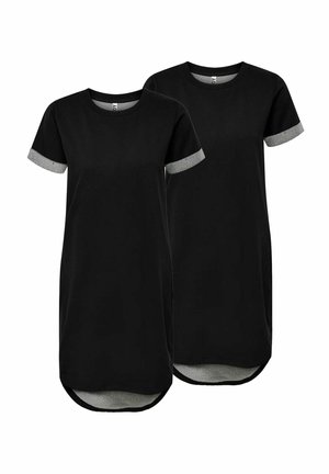 Two black short-sleeve t-shirt dresses with gray cuffed sleeves and curved hems, shown on a white background.