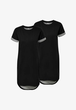 Two black short-sleeve t-shirt dresses with gray cuffed sleeves and curved hems, shown on a white background.