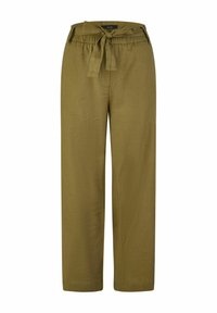 Olivegrüne Leinenhose mit entspanntem Schnitt, ausgestattet mit einem gebundenen Gürtel in der Taille, seitlichen Taschen und einer glatten Textur.