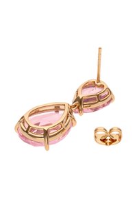 Zlatne viseće naušnice s suzama u obliku ružičastih dragulja, ukrašene složenim metalnim radom i odvojivom šiljastom kopčom.