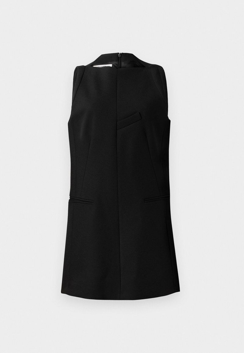 Svart ärmlös topp med hög halsringning, strukturerad design, framfickdetalj och dold dragkedja baktill, tillverkad av ett texturerat tyg.