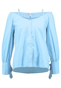 Blusa celeste chiaro, scoperta sulle spalle, realizzata in tessuto morbido. Caratterizzata da apertura frontale con bottoni, maniche lunghe con polsini arricciati e dettagli legati.
