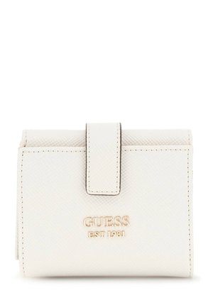 White textured wallet with a snap closure, featuring a gold logo "GUESS EST 1981" on the front. Compact rectangular shape.