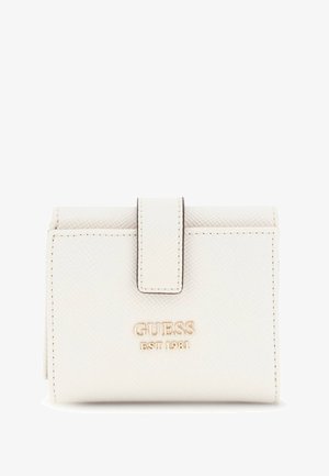 White textured wallet with a snap closure, featuring a gold logo "GUESS EST 1981" on the front. Compact rectangular shape.