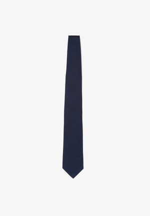 Corbata azul marino, de forma estrecha, hecha de tejido texturizado con un patrón liso. Punta afilada y acabado suave. Ideal para ocasiones formales.