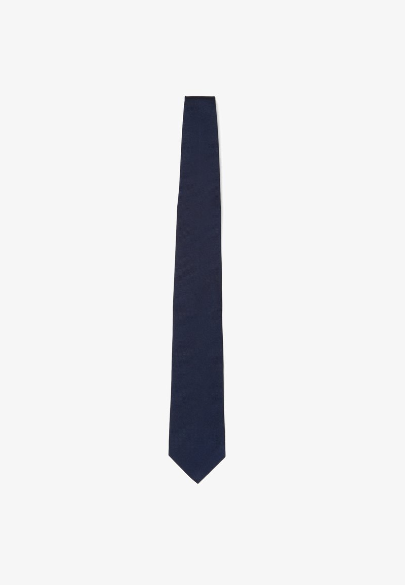 Cravatta blu navy, di forma stretta, realizzata in tessuto testurizzato con un motivo uniforme. Punta appuntita e finitura liscia. Ideale per ambienti formali.