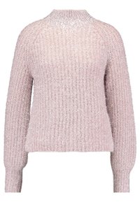 Jasnoróżowy sweter z teksturowanej, miękkiej przędzy o ribbrowym wykończeniu. Posiada wysoki kołnierz i długie rękawy. Iskrzące akcenty w całej powierzchni.