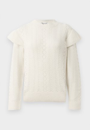 Biały sweter z plecionki o długich rękawach i falbanami na ramionach, z prążkowanymi mankietami i dołem.