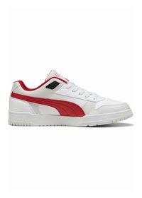 Weiße Ledersneaker mit roten Akzenten, einschließlich Seitenstreifen und Ferse. Verfügt über eine strukturierte Sohle, Schnürung und gepolsterten Schaft.