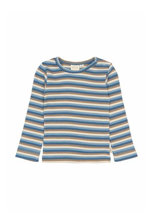 Majica za dojenčke z dolgimi rokavi, s horizontalnimi črtami v modri, bež, kremni in rjavi barvi, ki ima dva pritiskača na ramenskem delu.