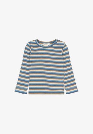 Majica za dojenčke z dolgimi rokavi, s horizontalnimi črtami v modri, bež, kremni in rjavi barvi, ki ima dva pritiskača na ramenskem delu.