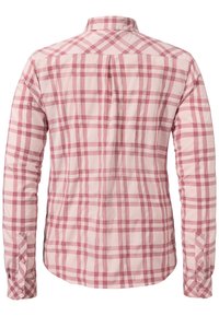 Helles rosa Langarmhemd mit einem karierten Muster in verschiedenen Rottönen. Verfügt über einen spitzen Kragen und knöpfbare Manschetten.
