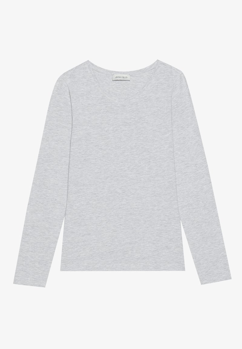 T-shirt a maniche lunghe grigio chiaro, realizzato in tessuto morbido, con scollatura a V e una vestibilità rilassata. Nessun motivo o dettaglio visibile.