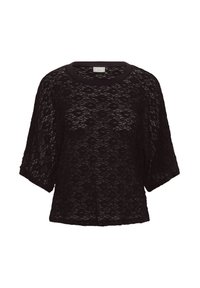 Blouse noire en dentelle à manches courtes avec col rond et motif floral, tissu semi-transparent, coupe ample.