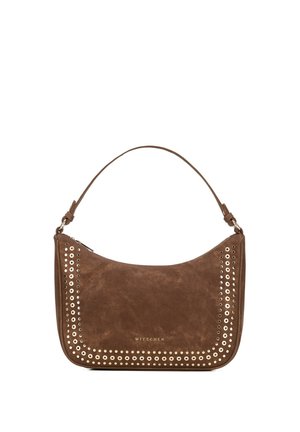 Bruine suède schoudertas met gouden oogjes die de voorkant omlijsten, korte handgreep en klein merklogo gecentreerd aan de onderkant.