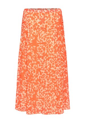 Oranje rok met A-lijn vorm en lichtgewicht stof. Heeft een patroon in verschillende tinten oranje en crème.