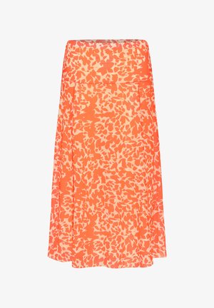 Oranžna krila A-linijskega kroja iz lahkotnega materiala. Ima vzorčasto zasnovo v različnih odtenkih oranžne in smetane.