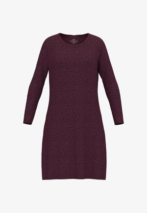 Bordeauxfarbenes Kleid mit langen Ärmeln, Rundhalsausschnitt und floralem Muster. Hergestellt aus reiner Baumwolle mit einer glatten Textur.