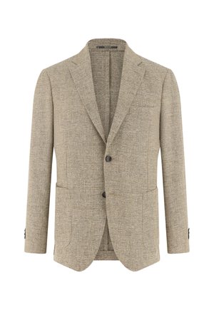 Beige getextureerd herenblazer met inkeping revers, twee knoppen aan de voorkant, opgestikte zakken en knoopmanchetten, getoond op een witte achtergrond.