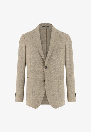 Beiger, strukturierter Herrenblazer mit Kerbkragen, zwei vorderen Knöpfen, aufgesetzten Taschen und knöpfbaren Manschetten, dargestellt auf weißem Hintergrund.