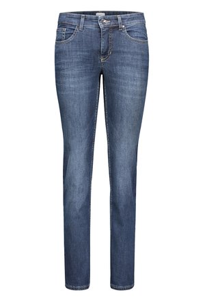 Mørkeblå denimjeans med slim fit, fem-lomme design og subtile syninger. Standard talje med lynlås foran.