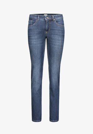 Dunkelblaue Denim-Jeans mit schlankem Schnitt, Fünf-Taschen-Design und dezenten Steppdetails. Standardbund mit einem Frontreißverschluss.