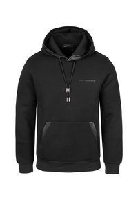 Felpa nera con cappuccio in misto cotone, caratterizzata da una tasca frontale, coulisse regolabili e dettagli lucidi sul cappuccio e ai bordi della tasca.