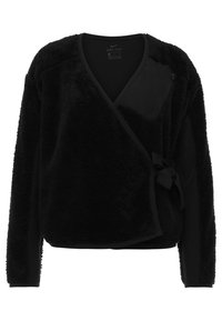 Zwarte Dri-FIT wikkeljas met een zachte, gestructureerde buitenkant, gladde mouwen, een detail met een strik aan de voorkant en een ritszak op de borst.