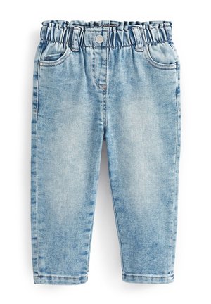 Jean bleu clair pour tout-petit avec ceinture élastique, bouton à l'avant, passants de ceinture et poches avant sur fond blanc.