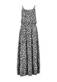 Schwarzes und graues Leopardenmuster-Maxikleid mit Spaghettiträgern, elastischem Taillenbund und gestuftem Rüschensaum. Leichter Stoff und fließendes Design.