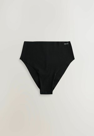 Zwarte high-waisted bikinionderkant, gemaakt van zachte, rekbare stof. Beschikt over een gladde textuur en een subtiele logo op de tailleband.