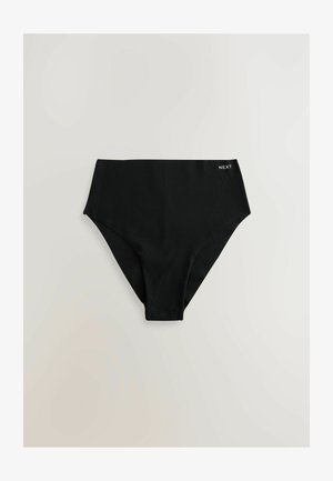 Zwarte high-waisted bikinionderkant, gemaakt van zachte, rekbare stof. Beschikt over een gladde textuur en een subtiele logo op de tailleband.