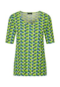Korte mouwtop met een levendig geometrisch patroon in blauwe, groene en gele tinten. Gemaakt van zachte, rekbare stof met een ronde hals.
