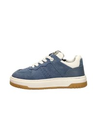 Blue suede sneaker with white accents, round toe, rubber sole, and perforated detailing on the sides. Features white laces and textured surfaces.