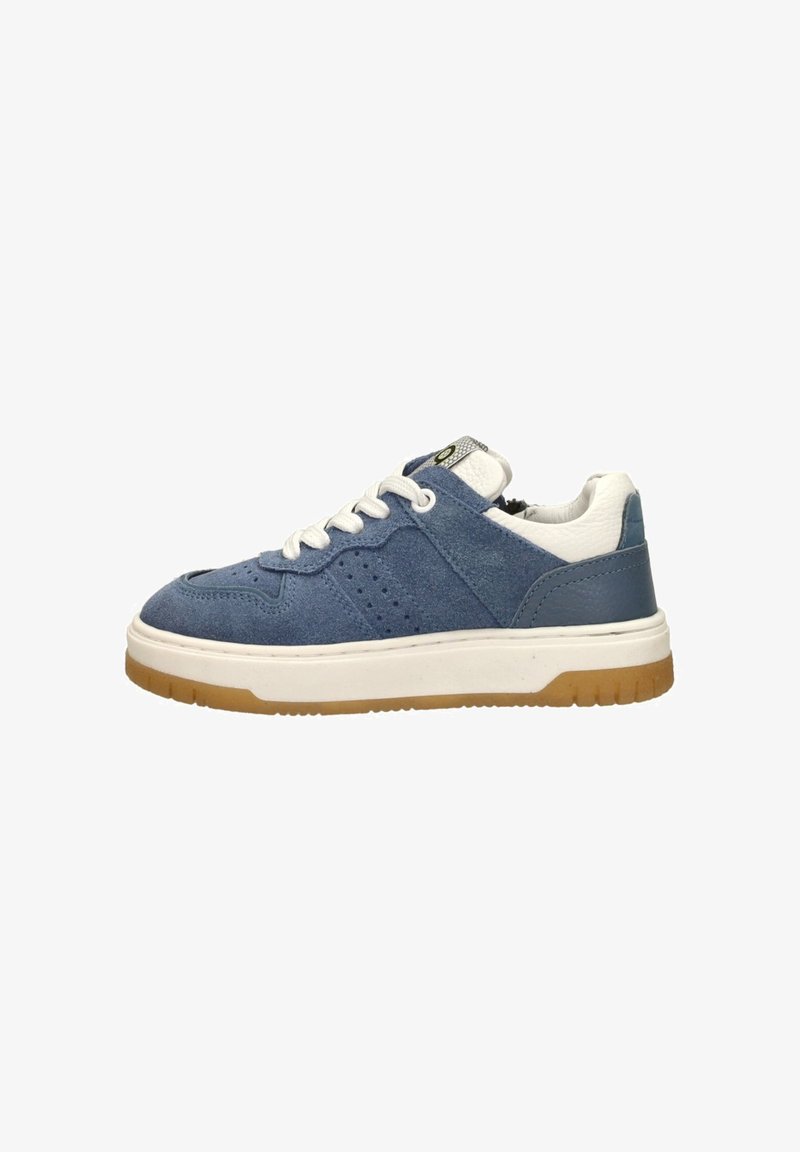 Blue suede sneaker with white accents, round toe, rubber sole, and perforated detailing on the sides. Features white laces and textured surfaces.