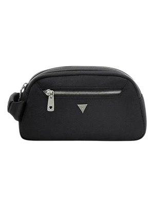 Beauty case nero semicerchio con tasca frontale con cerniera, cursore argento e piccolo logo metallico triangolare sul davanti.