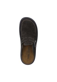 Dark brown suede slip-on shoe with a rounded toe, adjustable buckle detail, and a textured rubber sole. Soft interior lining.