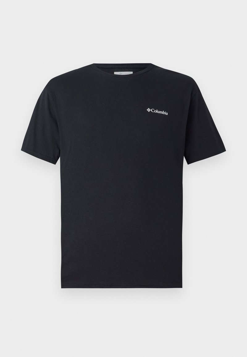 T-shirt noir à manches courtes en coton, avec un petit logo blanc Columbia sur la partie gauche de la poitrine. Encolure ronde classique et coupe décontractée.