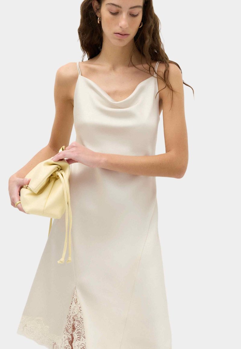 marks and spencer ladies party dresses & SATIN COWL NECK LACE INSERT MIDI SLIP DRESS. - Cocktail dress / dress - ivory/mottled beige made-for_Woman
