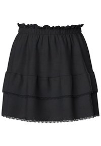Jupe courte noire avec une ceinture élastique froncée, des volants superposés et une délicate bordure en dentelle sur l’ourlet et les bords des volants.