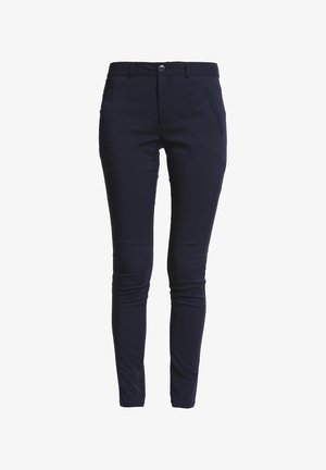 Tmavomodré slim-fit nohavice vyrobené z hladkej tkaniny, s gombíkovým zapínaním, dvoma prednými vreckami a vycibreným strihom.