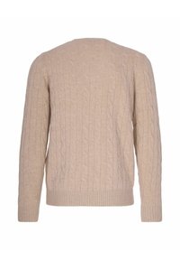Maglione beige a treccia, con maniche lunghe, collo rotondo, tessuto testurizzato e polsi e bordo a coste. La vista posteriore mostra un design pulito e semplice.