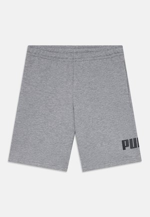 Gray athletic shorts, made of soft fabric, featuring an elastic waistband and a black logo on the lower right leg. Simple design with clean lines.