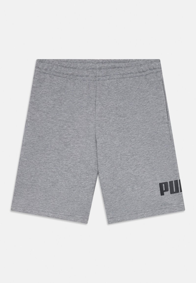 Calções desportivos cinzentos, feitos de um tecido macio, com uma cintura elástica e um logótipo preto na parte inferior da coxa direita. Design simples com linhas limpas.