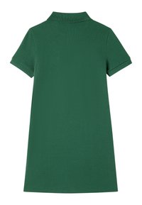 Grön polo klänning med korta ärmar, texturerad tyg, knäppt krage och rak passform. Har en enkel design och enfärgad.