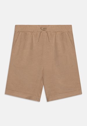 Pantaloni corti color sabbia realizzati in tessuto morbido con elastico in vita e cordoncino, dotati di tasche laterali e design con gamba dritta.