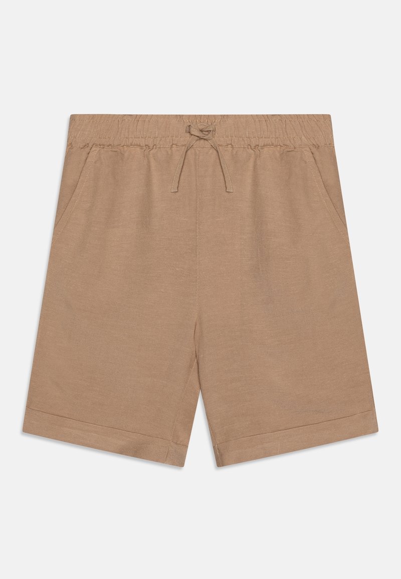 Shorts beiges en tissu doux avec une taille élastique et un cordon de serrage, dotés de poches latérales et d'un design de jambe droite.